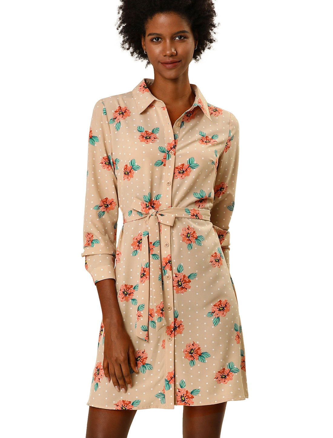 Women's Button Down Collar Tie Belted Print Shirt Dress