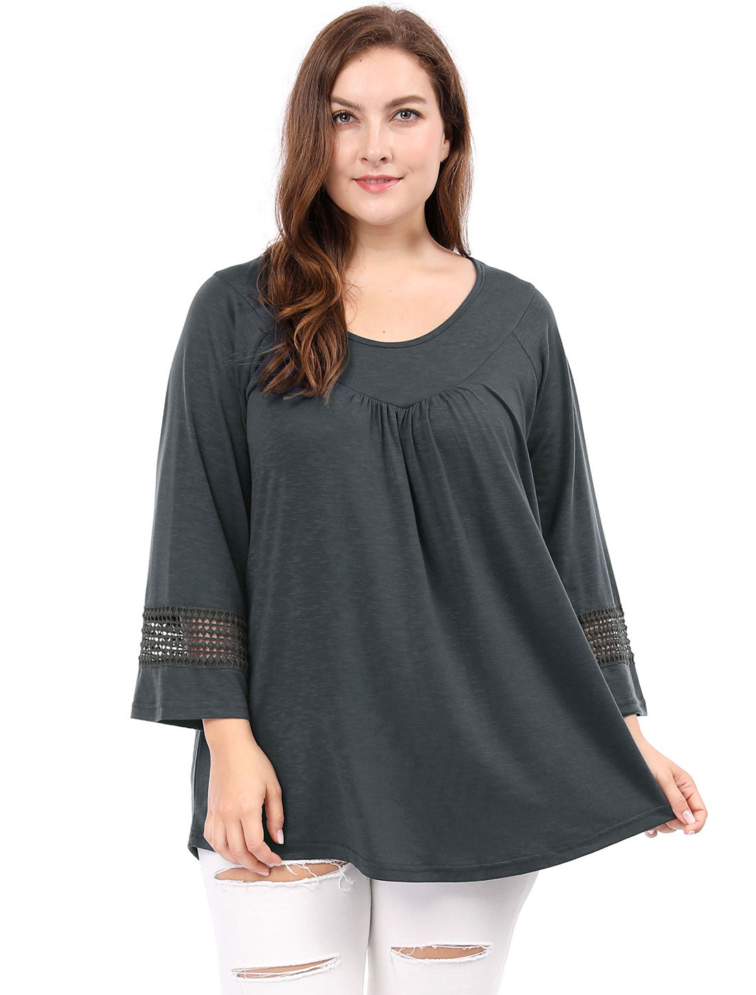 Women's Plus Size Tops Long Sleeve Crochet Panel Hollow Out Pleated Tunics Blouse