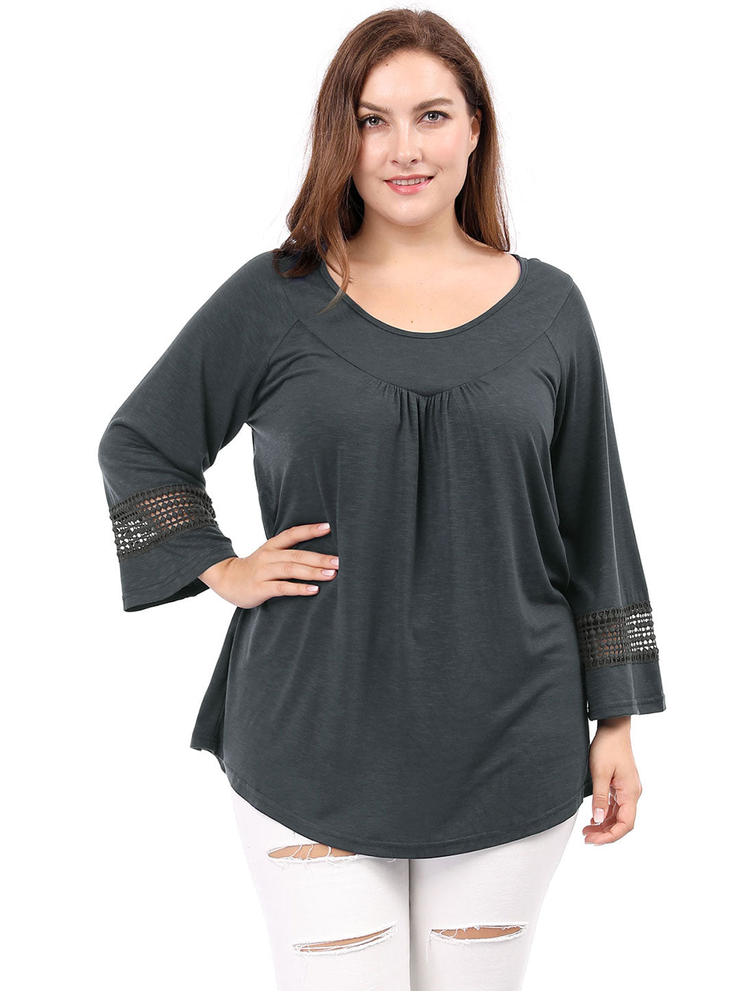 Women's Plus Size Tops Long Sleeve Crochet Panel Hollow Out Pleated Tunics Blouse