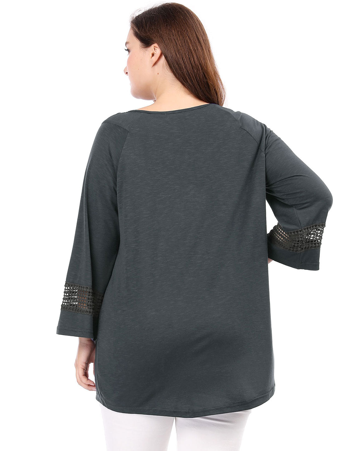 Women's Plus Size Tops Long Sleeve Crochet Panel Hollow Out Pleated Tunics Blouse