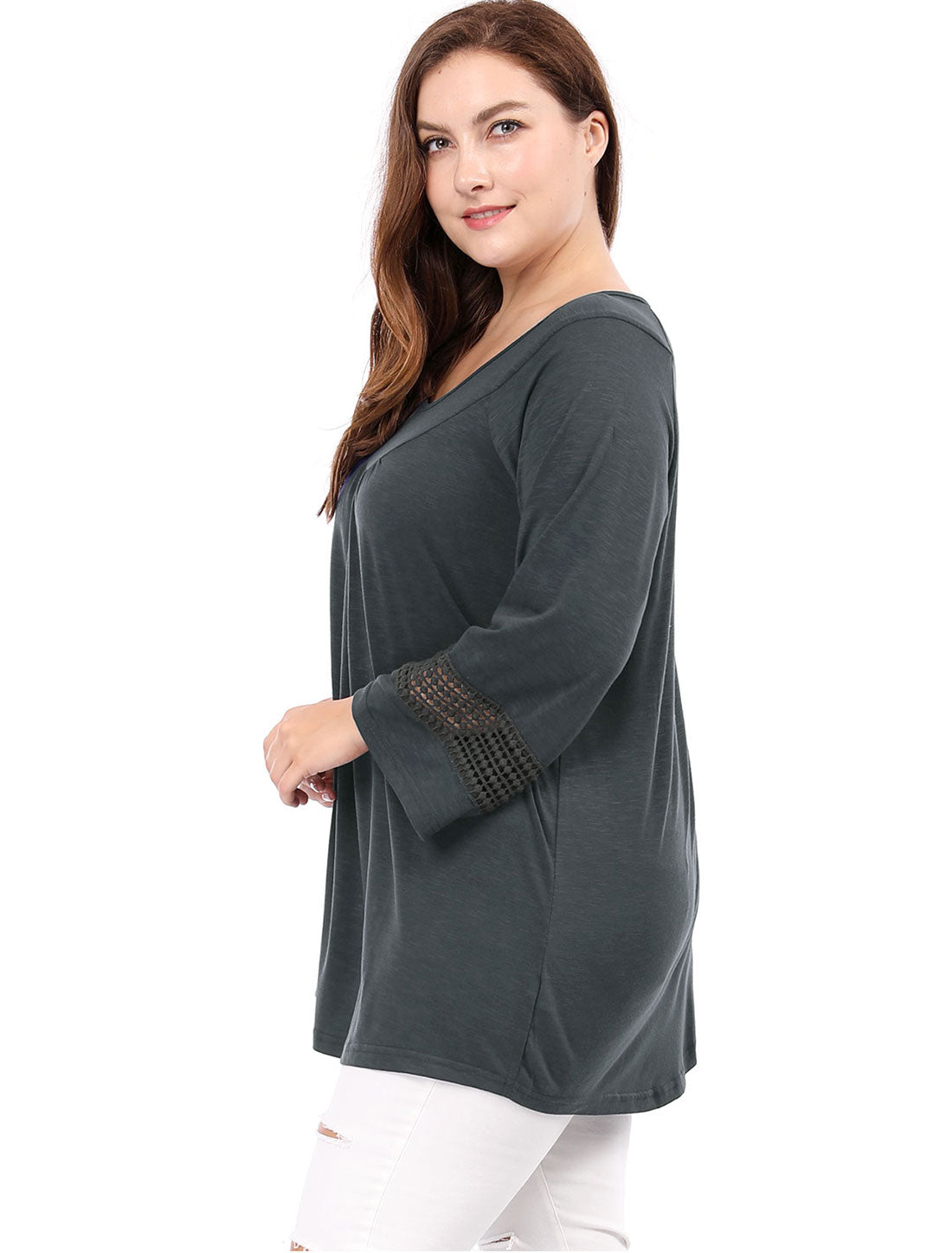 Women's Plus Size Tops Long Sleeve Crochet Panel Hollow Out Pleated Tunics Blouse
