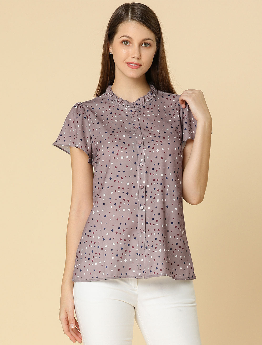 Women's Ruffle Summer Dots Print Retro Short Sleeve Button Down Blouse Top