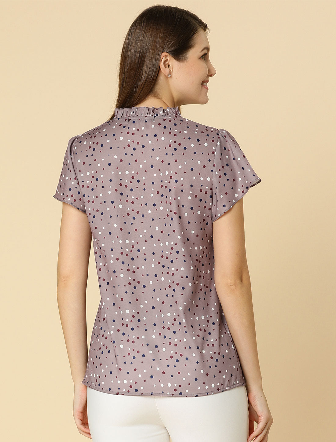 Women's Ruffle Summer Dots Print Retro Short Sleeve Button Down Blouse Top