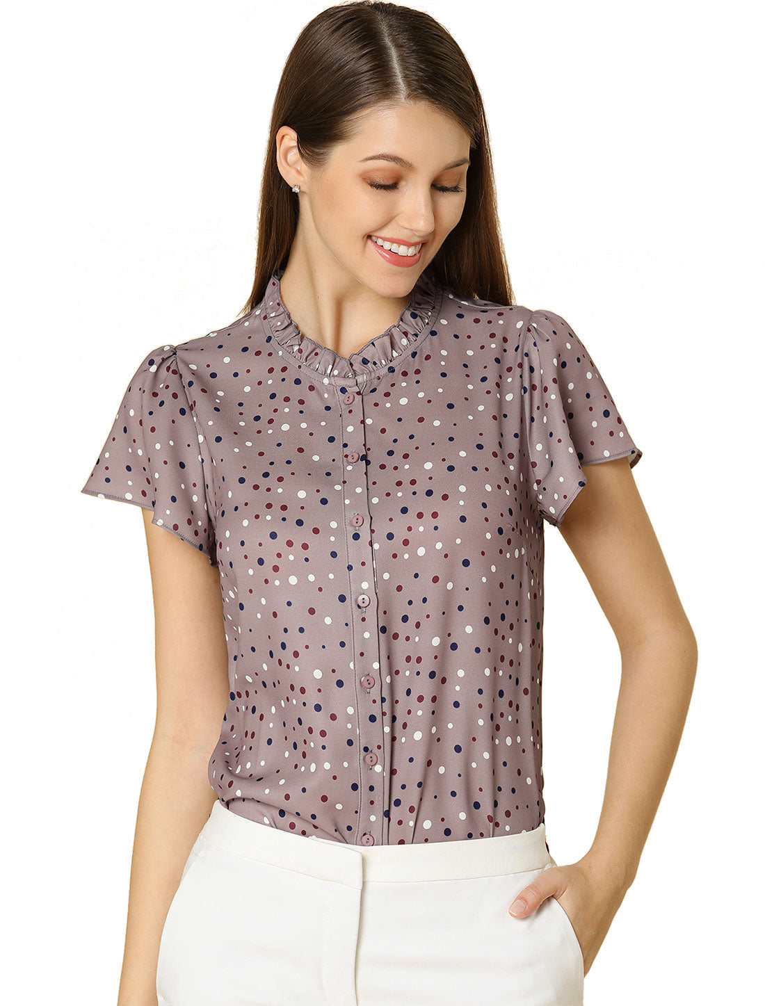 Women's Ruffle Summer Dots Print Retro Short Sleeve Button Down Blouse Top