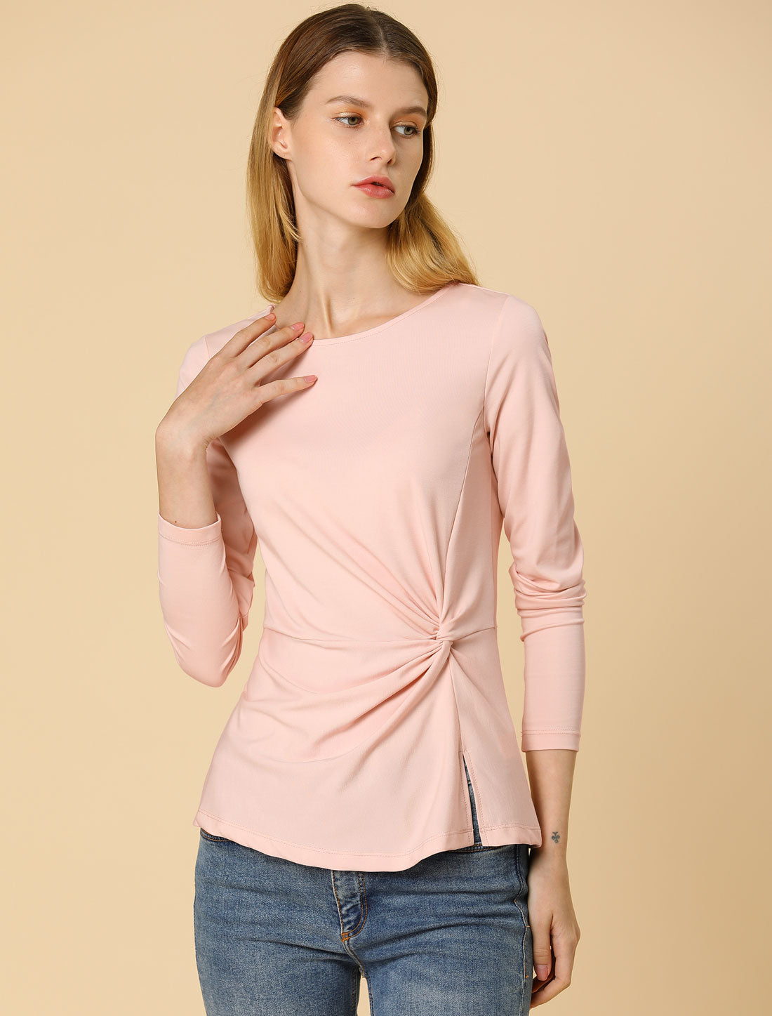 Women's Long Sleeve Round Neck Front Twist Top Ruched T-Shirt