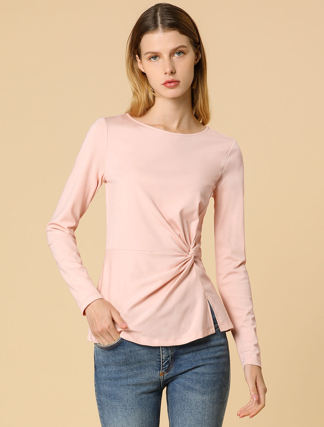 Women's Long Sleeve Round Neck Front Twist Top Ruched T-Shirt