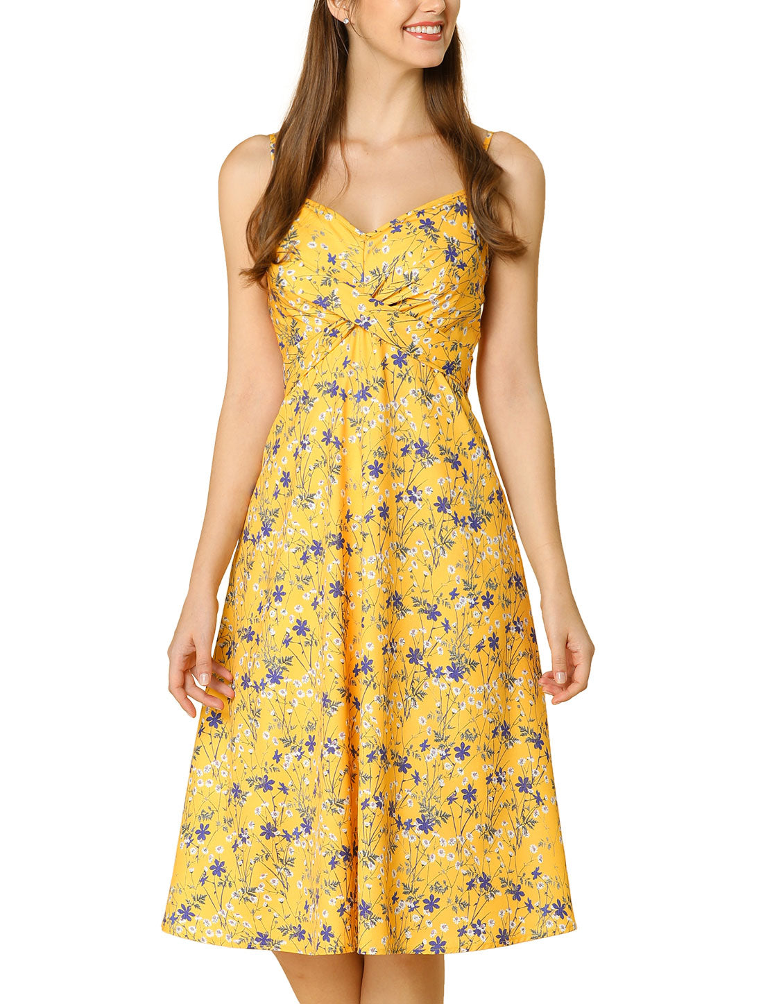Women's Floral Twist Front Knee Length Adjustable Strap Summer Dress