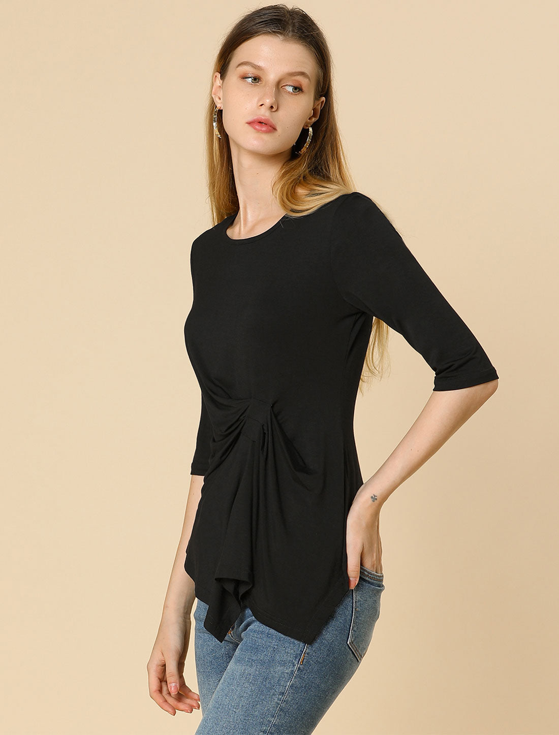 Women's Asymmetrical Round Neck Half Sleeve Fitted Ruched Top