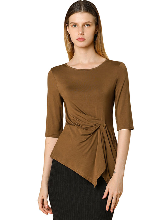 Women's Asymmetrical Round Neck Half Sleeve Fitted Ruched Top