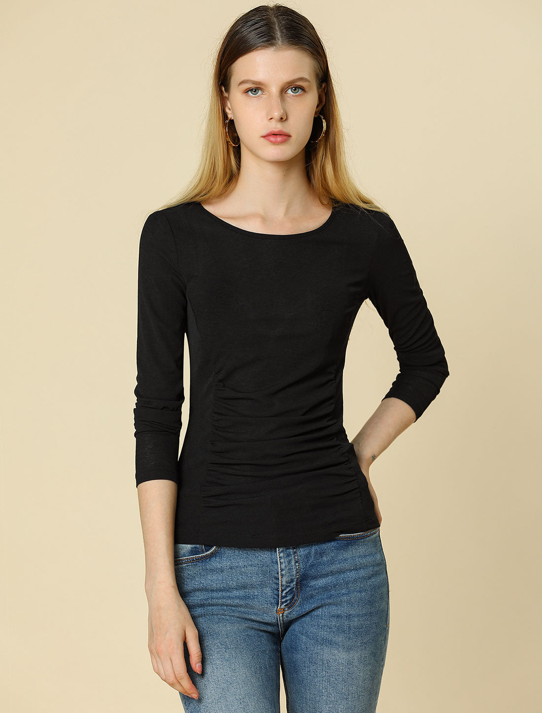 Women's Round Neck Long Sleeve Solid Fitted Ruched Top