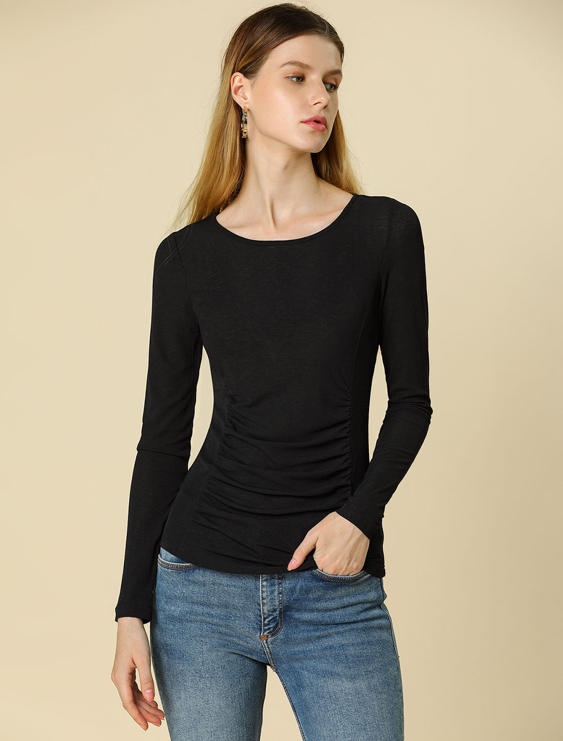 Women's Round Neck Long Sleeve Solid Fitted Ruched Top