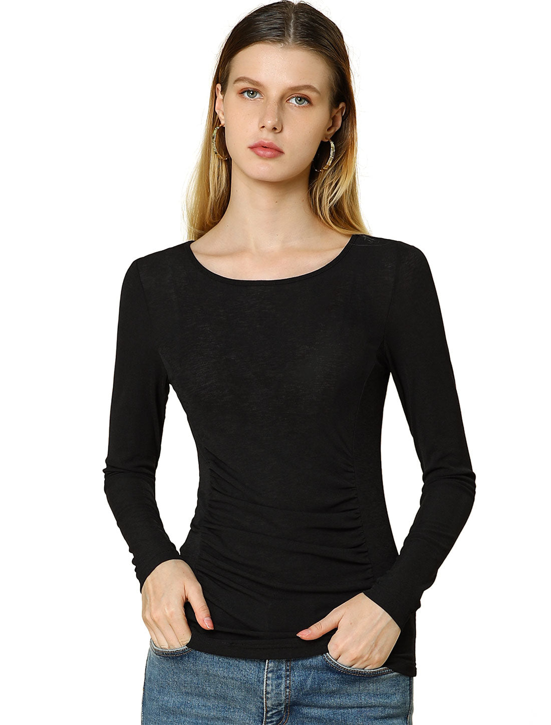 Women's Round Neck Long Sleeve Solid Fitted Ruched Top