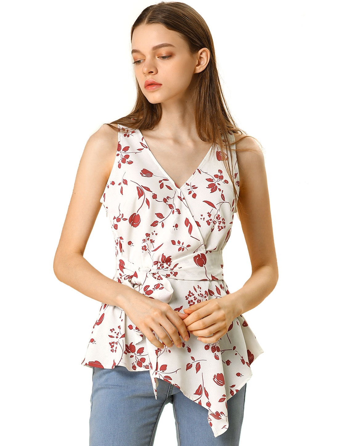 Women's Sleeveless V Neck Tie Waist Asymmetric Hem Wrap Peplum Top