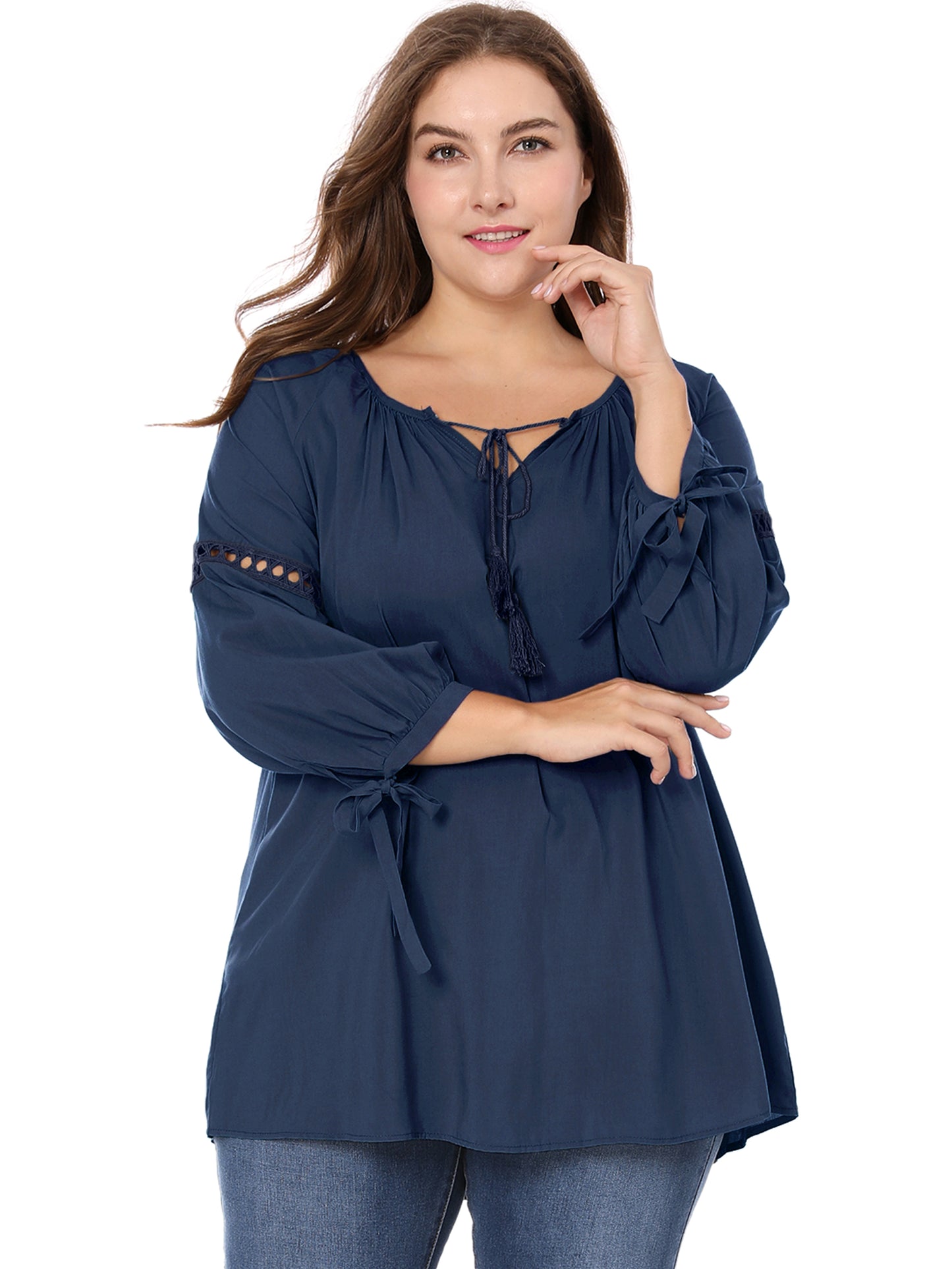 Women's Plus Size Raglan Sleeves Hollow Out Tie Neck Tunic Peasant Top