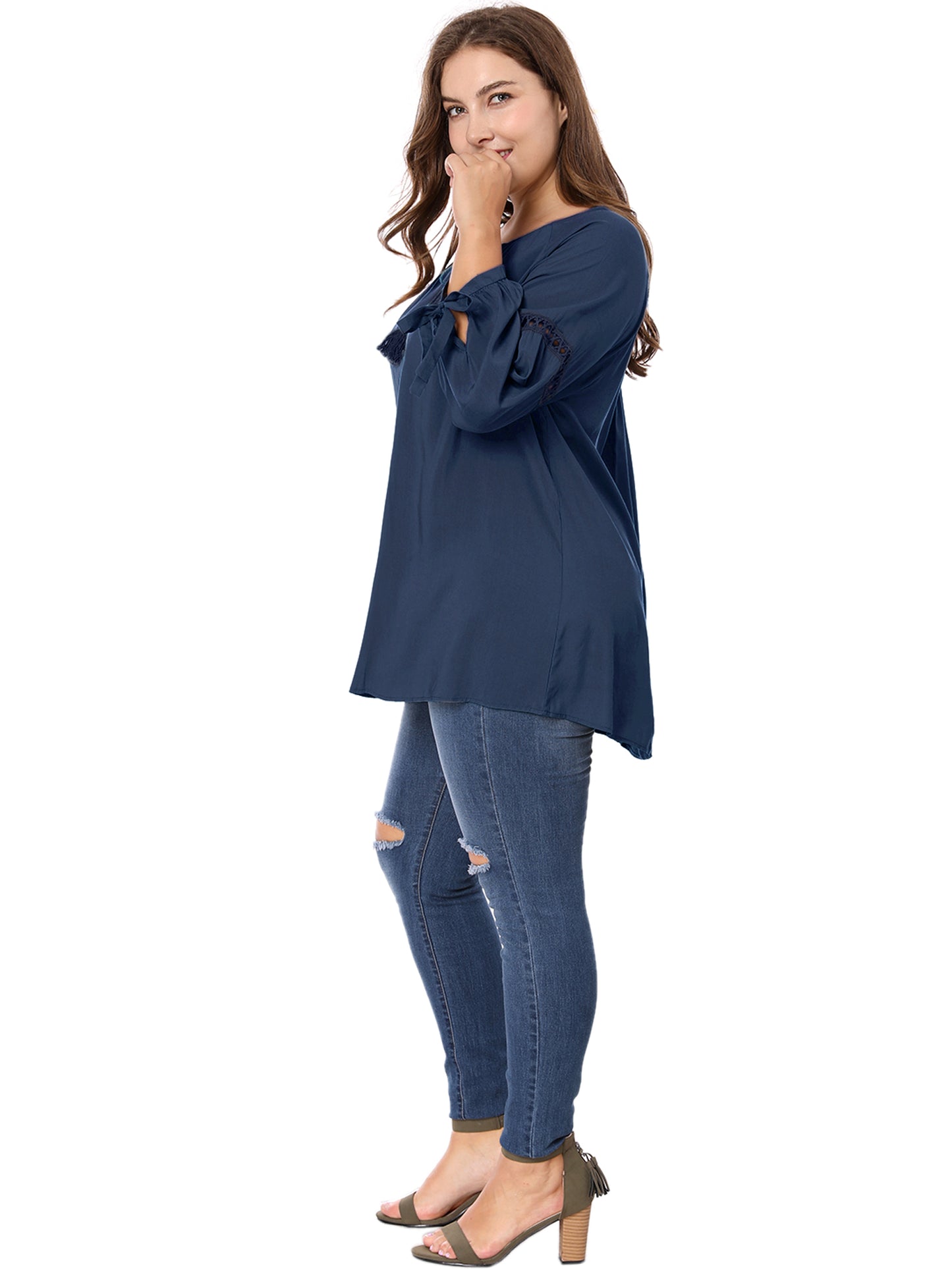 Women's Plus Size Raglan Sleeves Hollow Out Tie Neck Tunic Peasant Top
