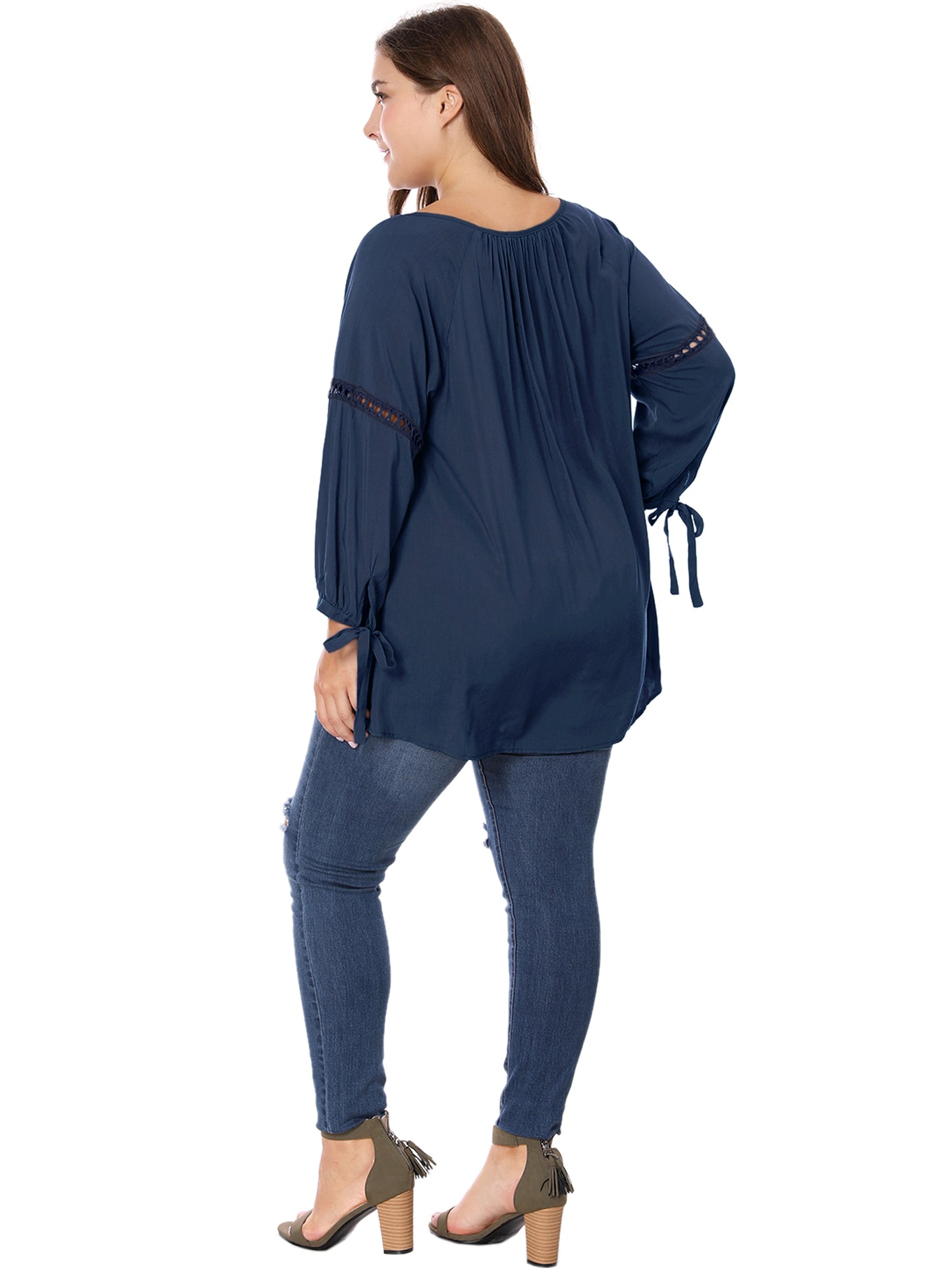 Women's Plus Size Raglan Sleeves Hollow Out Tie Neck Tunic Peasant Top