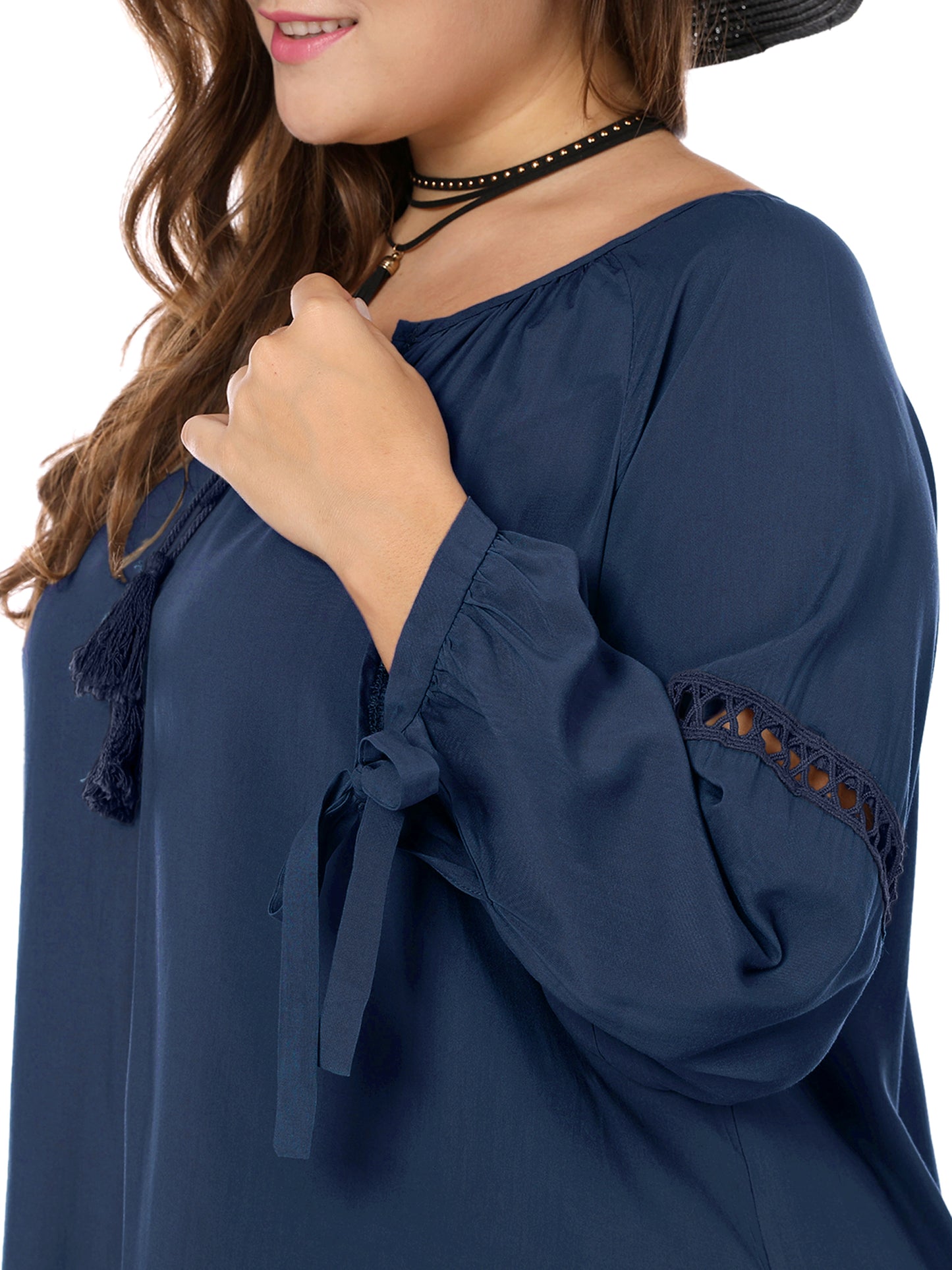 Women's Plus Size Raglan Sleeves Hollow Out Tie Neck Tunic Peasant Top