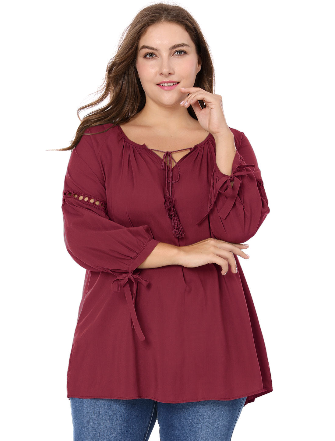 Women's Plus Size Raglan Sleeves Hollow Out Tie Neck Tunic Peasant Top