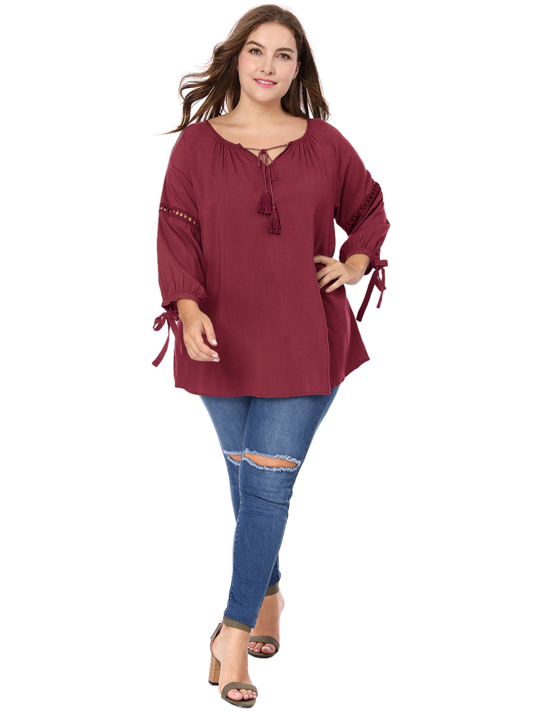 Women's Plus Size Raglan Sleeves Hollow Out Tie Neck Tunic Peasant Top