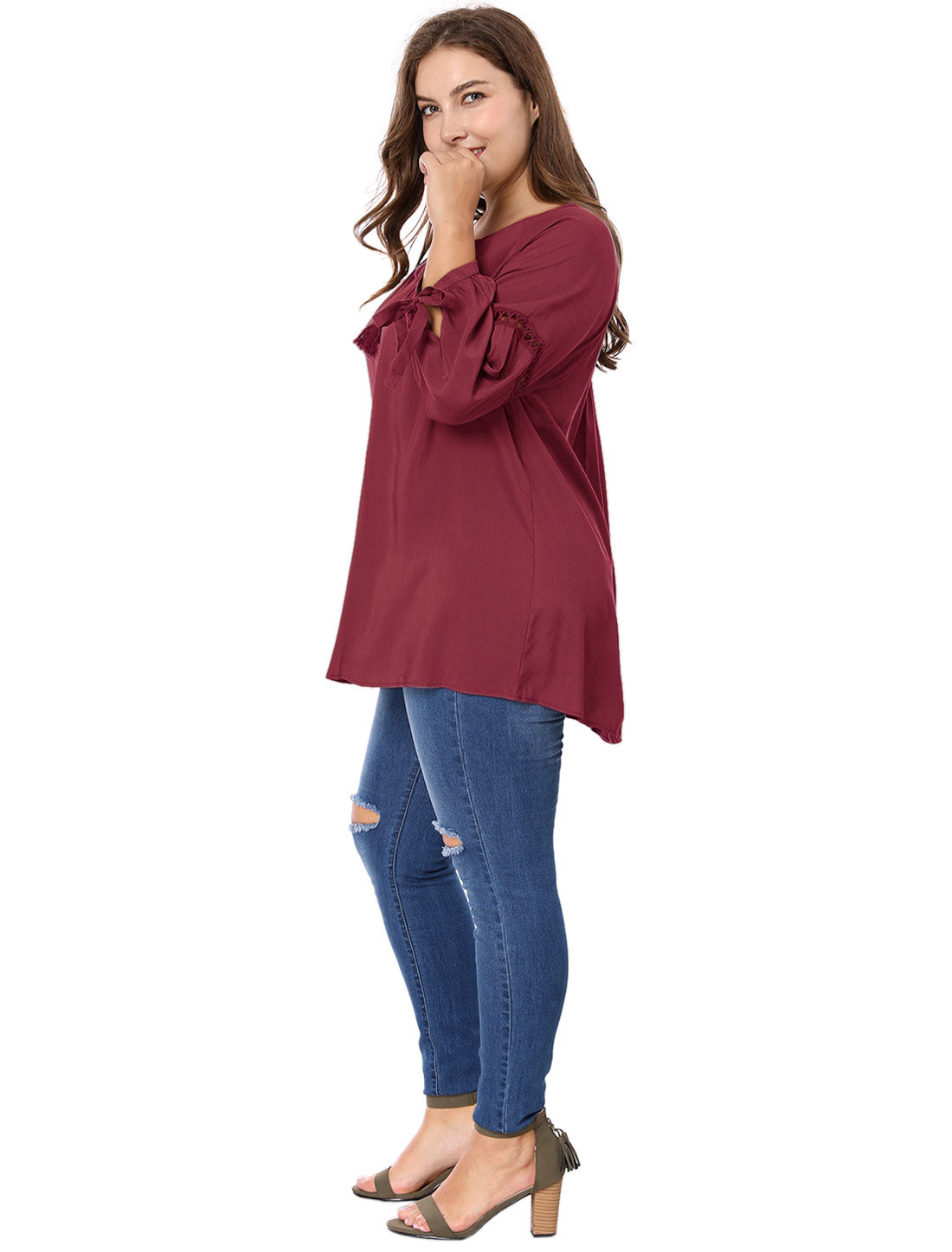 Women's Plus Size Raglan Sleeves Hollow Out Tie Neck Tunic Peasant Top