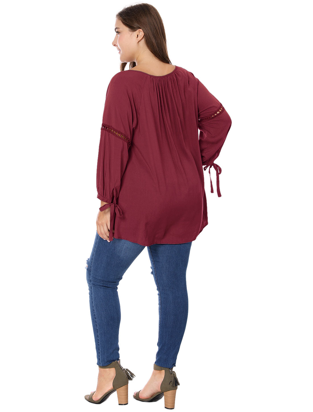 Women's Plus Size Raglan Sleeves Hollow Out Tie Neck Tunic Peasant Top