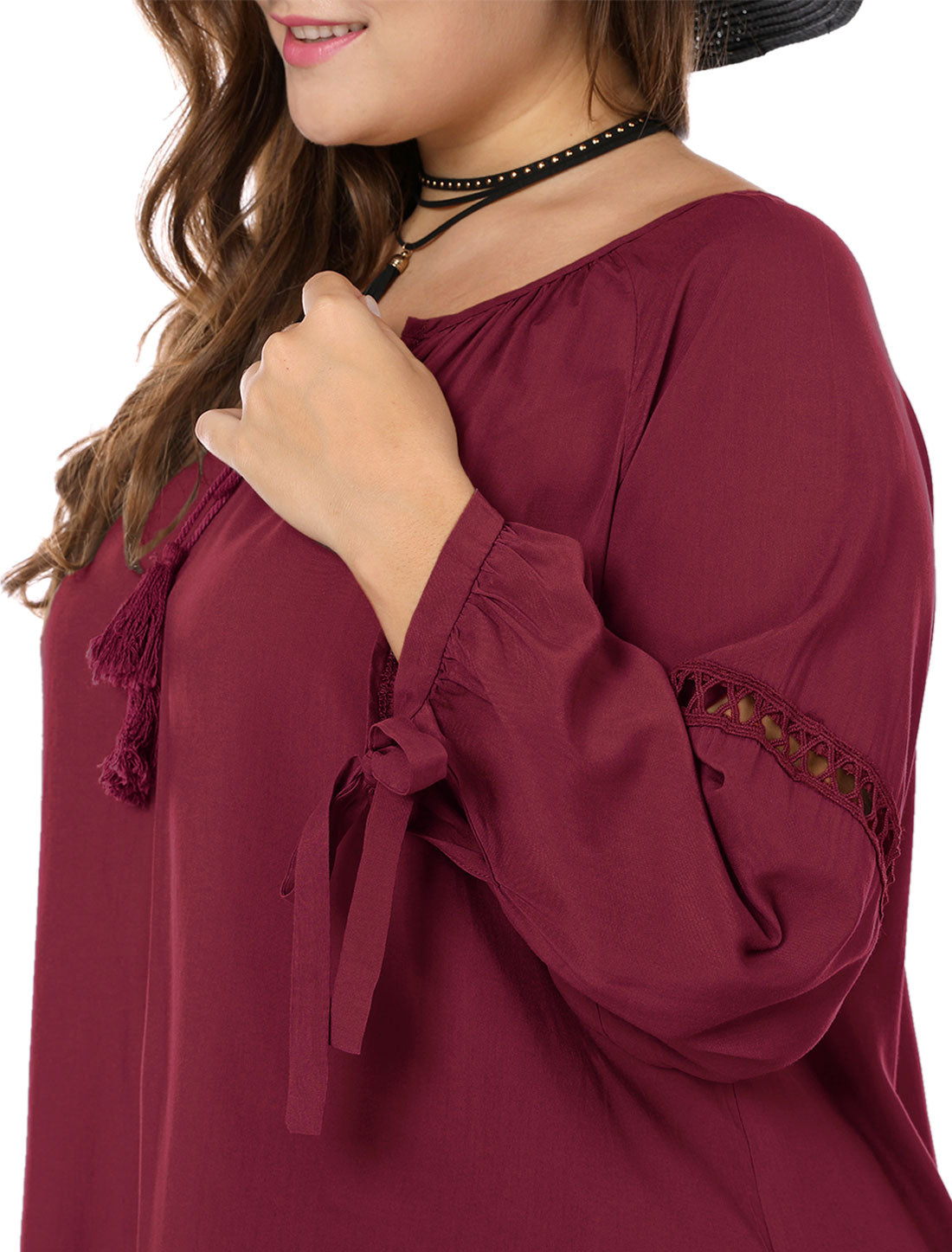 Women's Plus Size Raglan Sleeves Hollow Out Tie Neck Tunic Peasant Top
