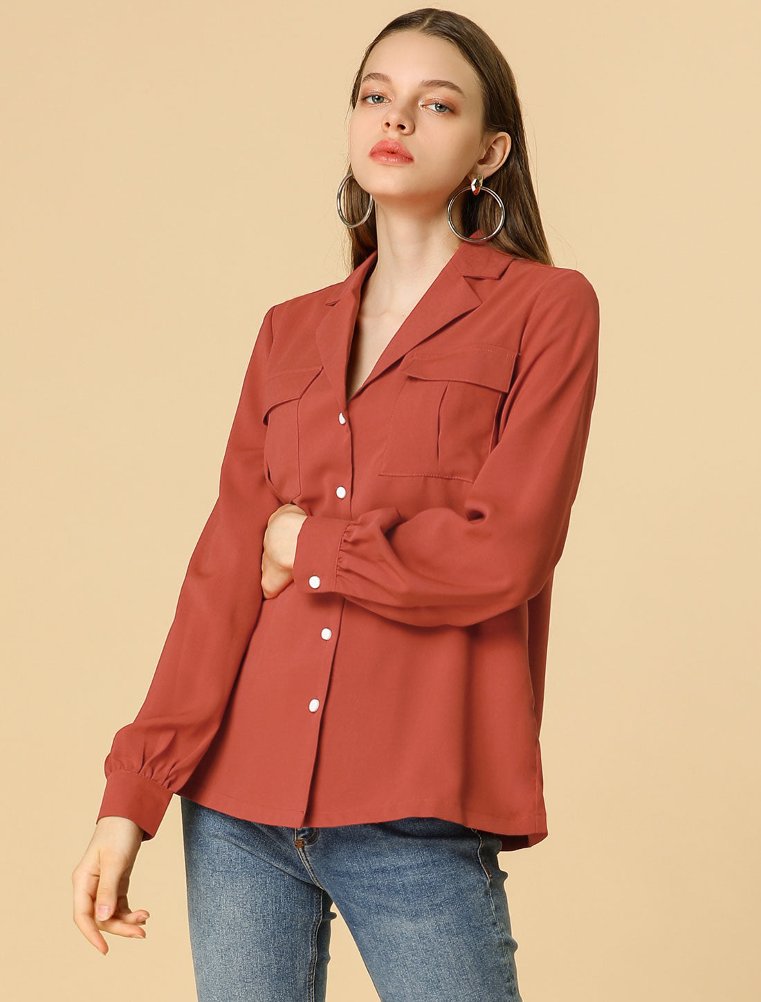 Women's Solid Color Button Down Notch Lapel Collar Shirt Top