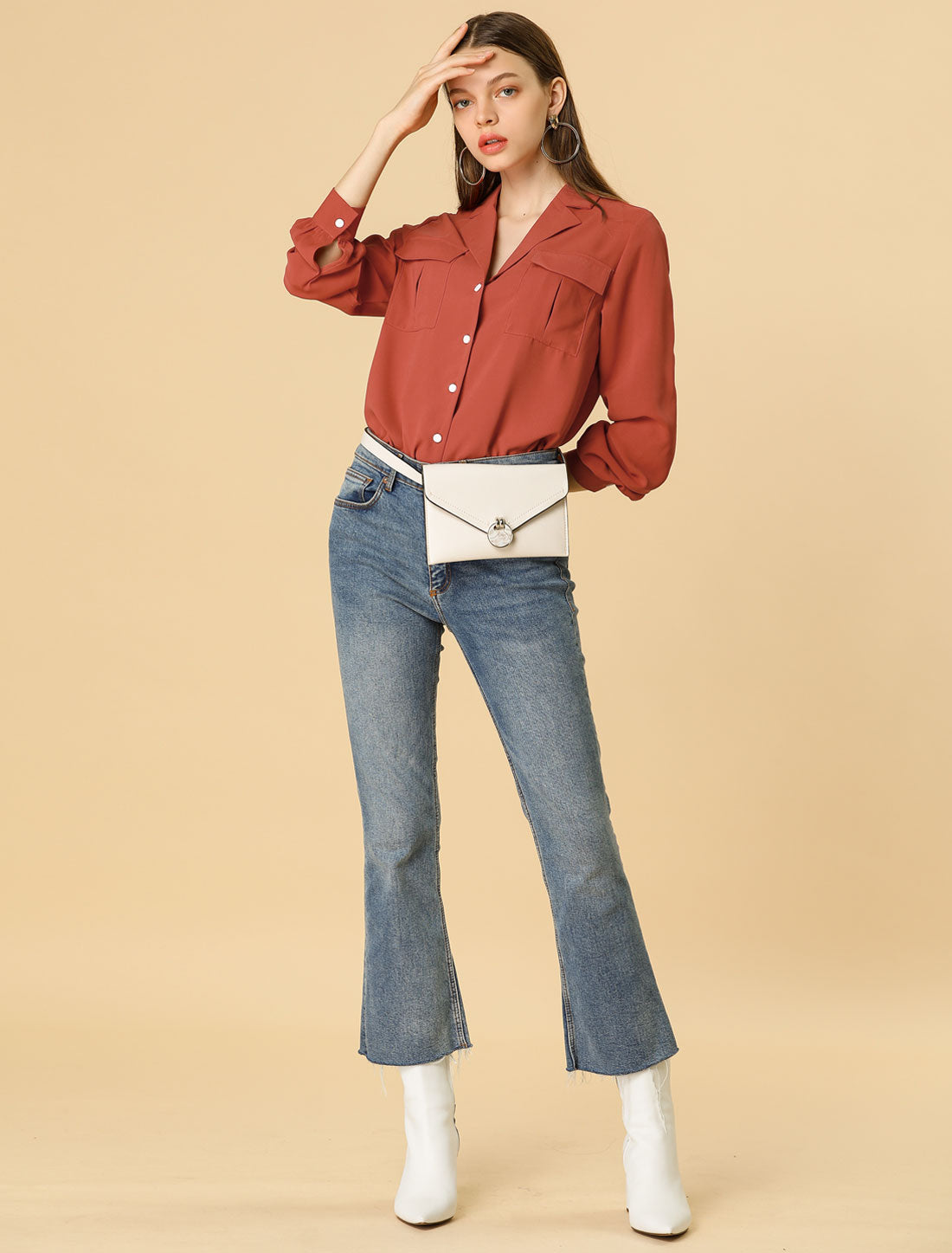 Women's Solid Color Button Down Notch Lapel Collar Shirt Top