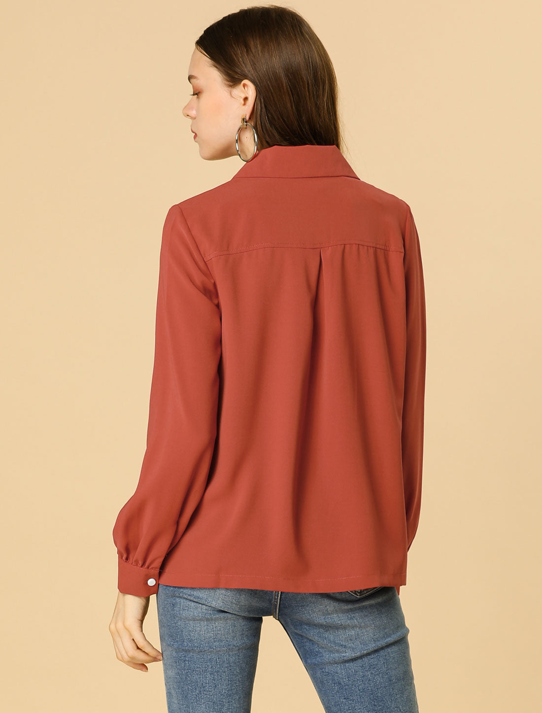 Women's Solid Color Button Down Notch Lapel Collar Shirt Top