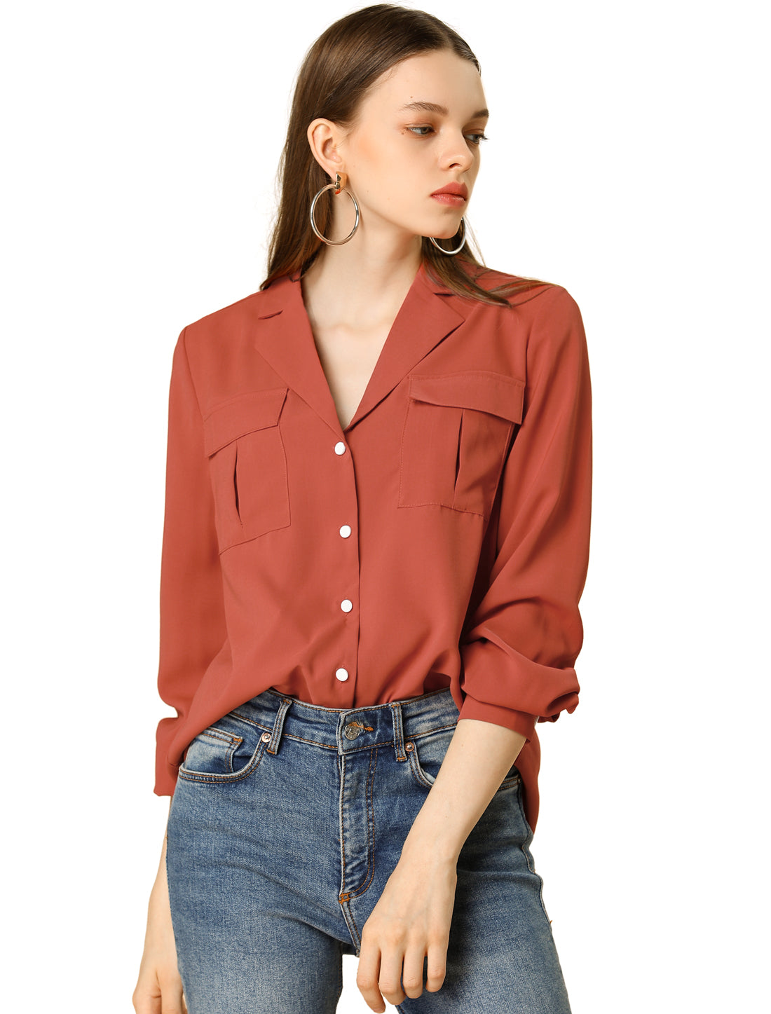 Women's Solid Color Button Down Notch Lapel Collar Shirt Top