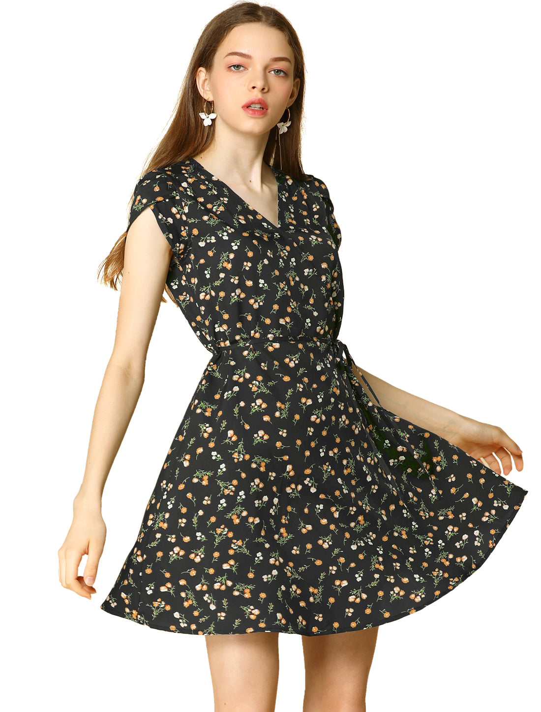 Women's Boho Crossover V Neck Petal Sleeves Belted Floral Flowy Dress