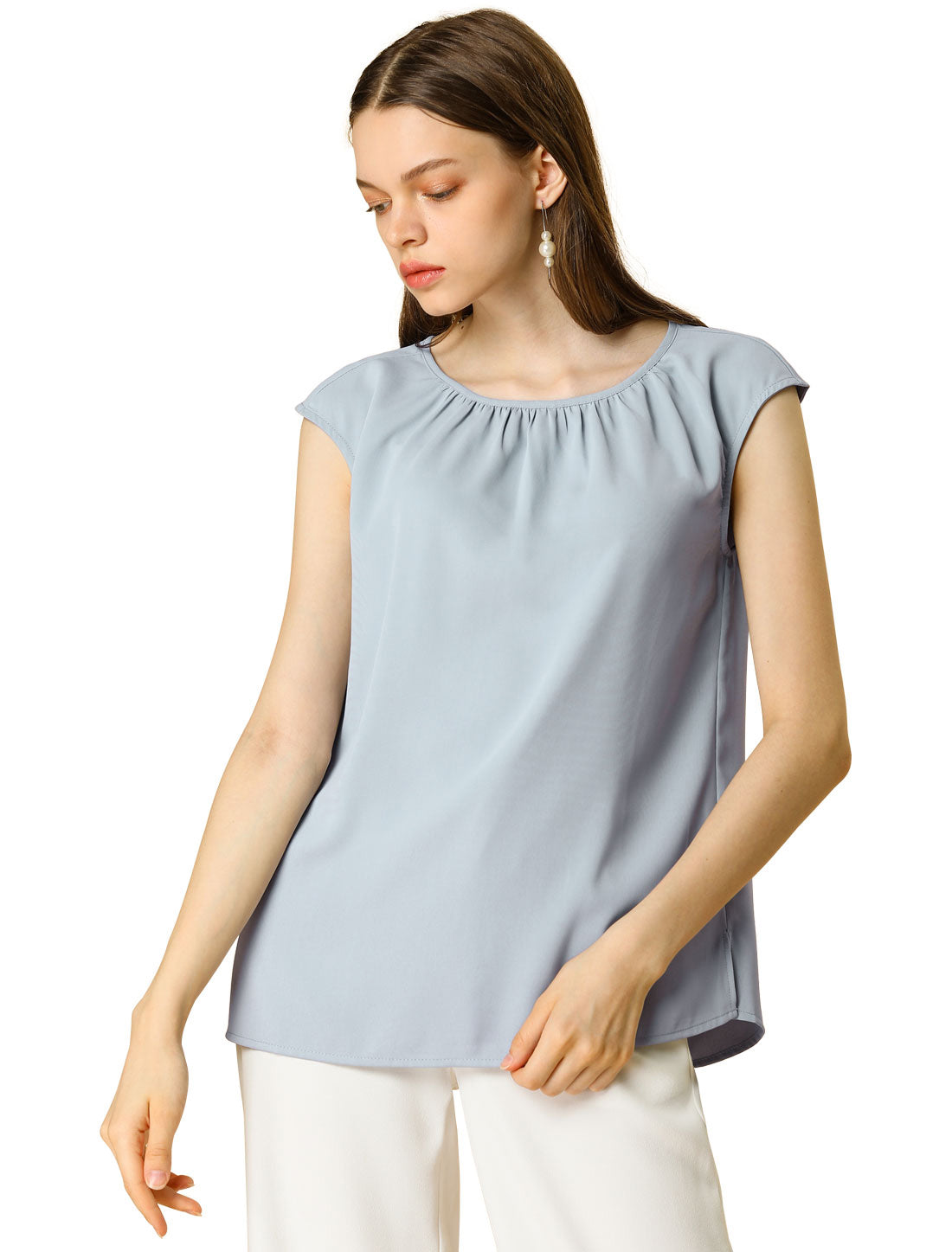 Blusa informal de negocios para mujer, de gasa, plisada, con cuello redondo y mangas cortas
