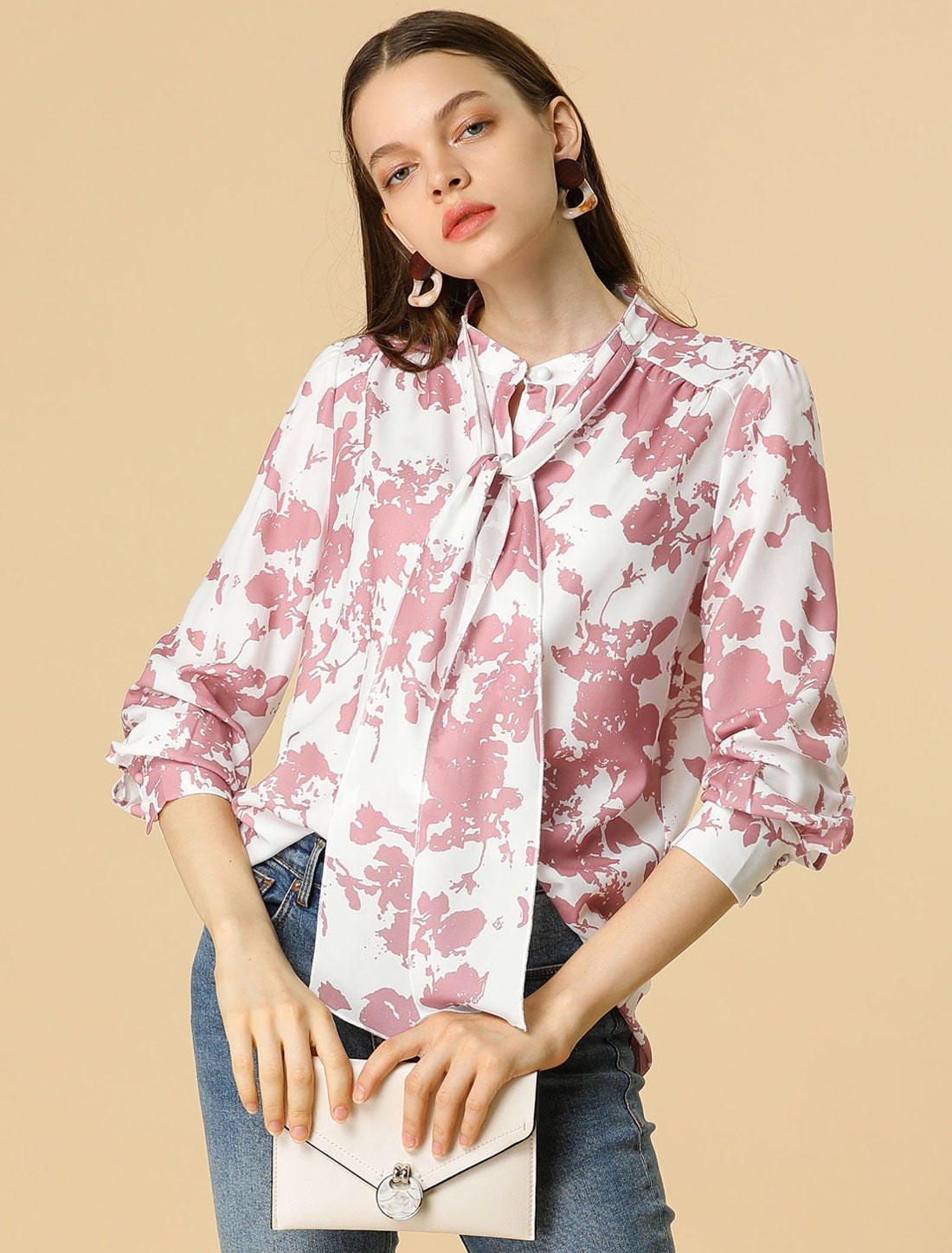 Blusa floral de manga larga con lazo para mujer
