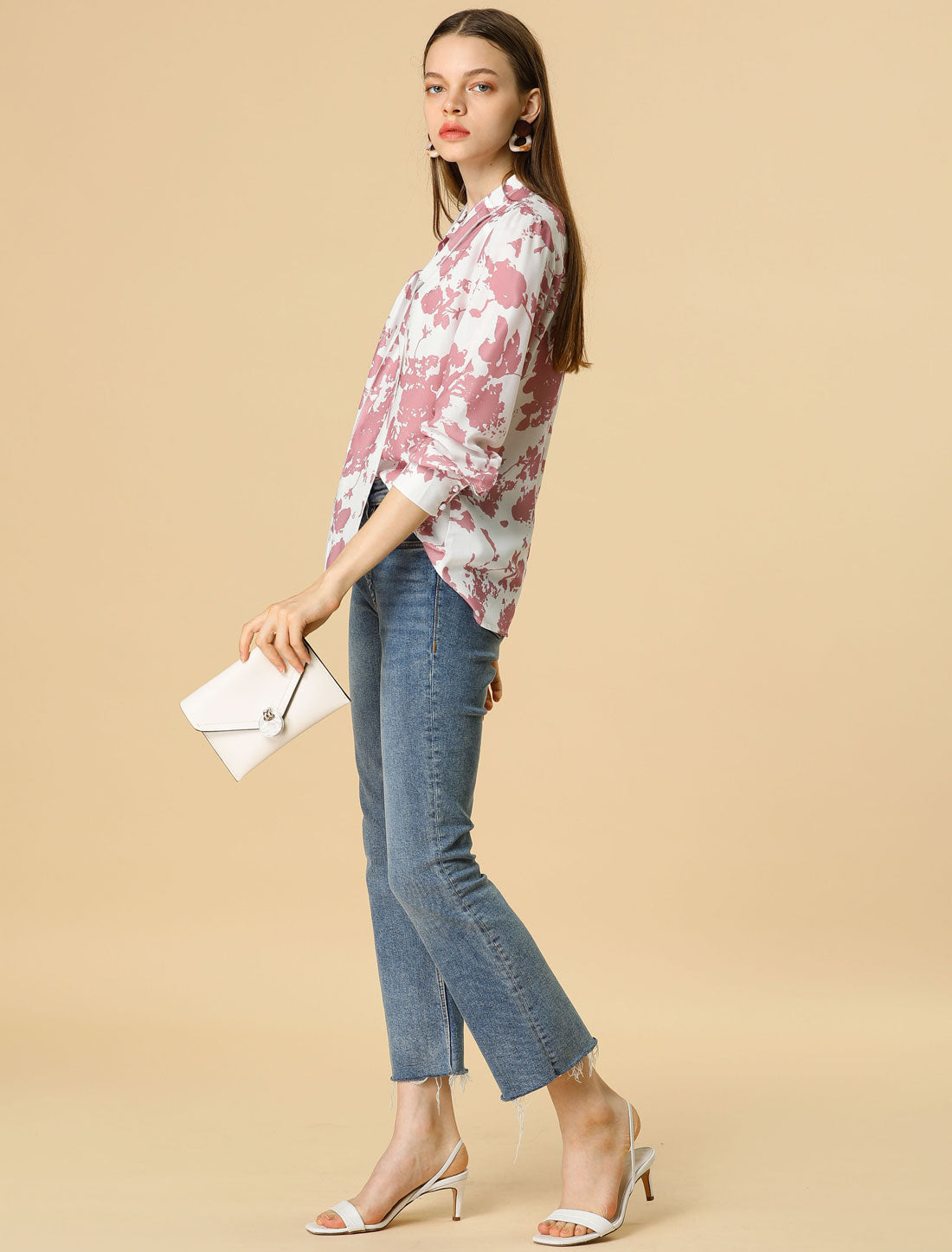 Blusa floral de manga larga con lazo para mujer