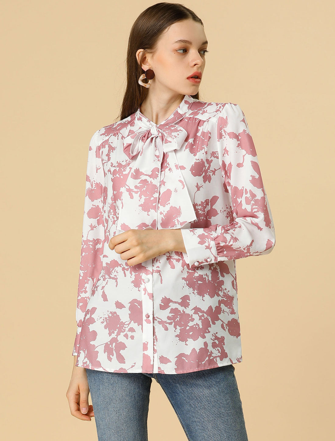 Blusa floral de manga larga con lazo para mujer