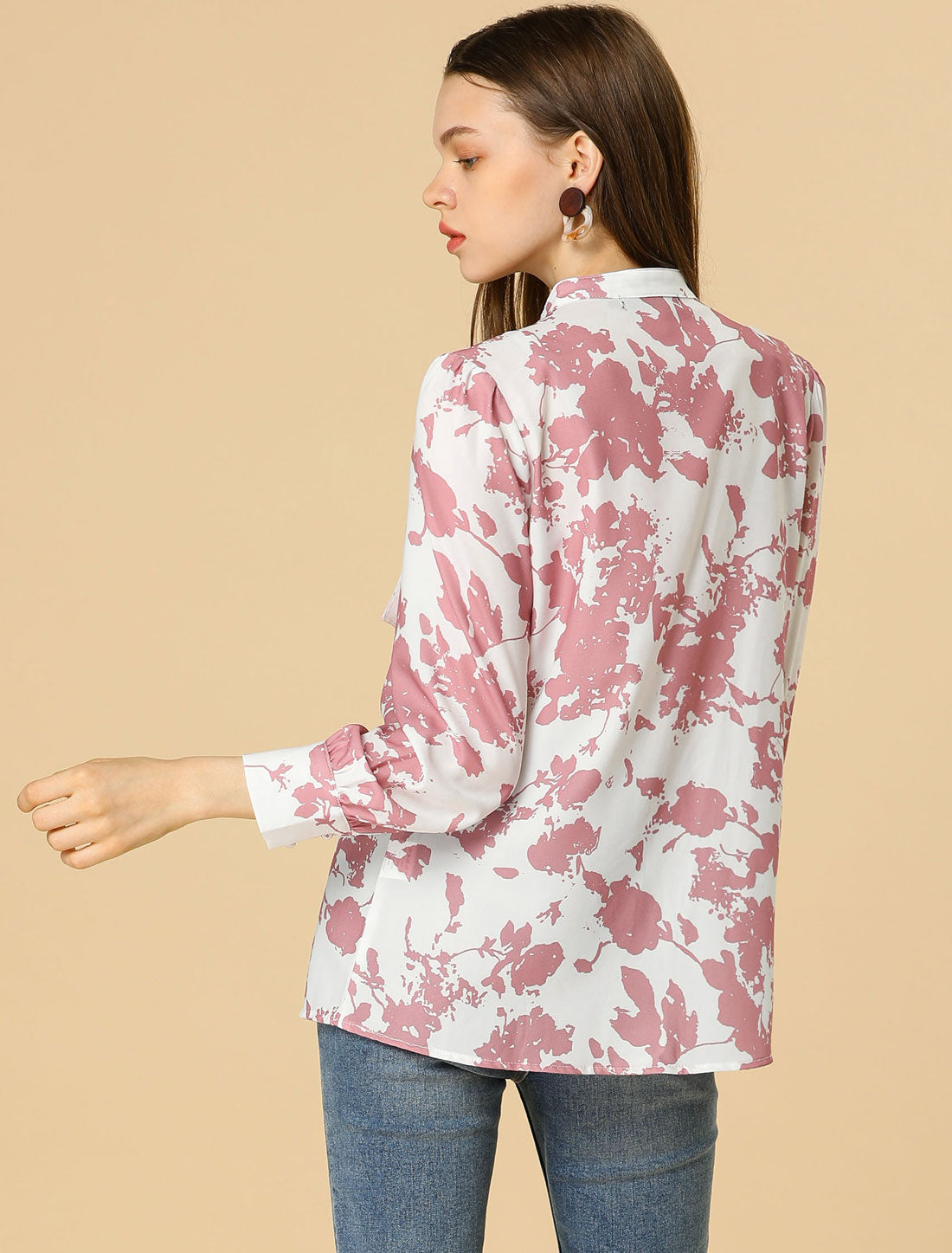 Blusa floral de manga larga con lazo para mujer