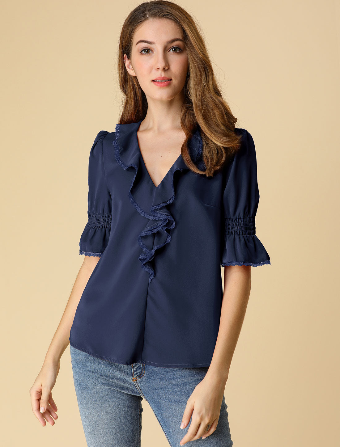 Women's Ruffle V Neck Puff Sleeve Blouse Summer Casual Chiffon Top (Available in Plus Size)