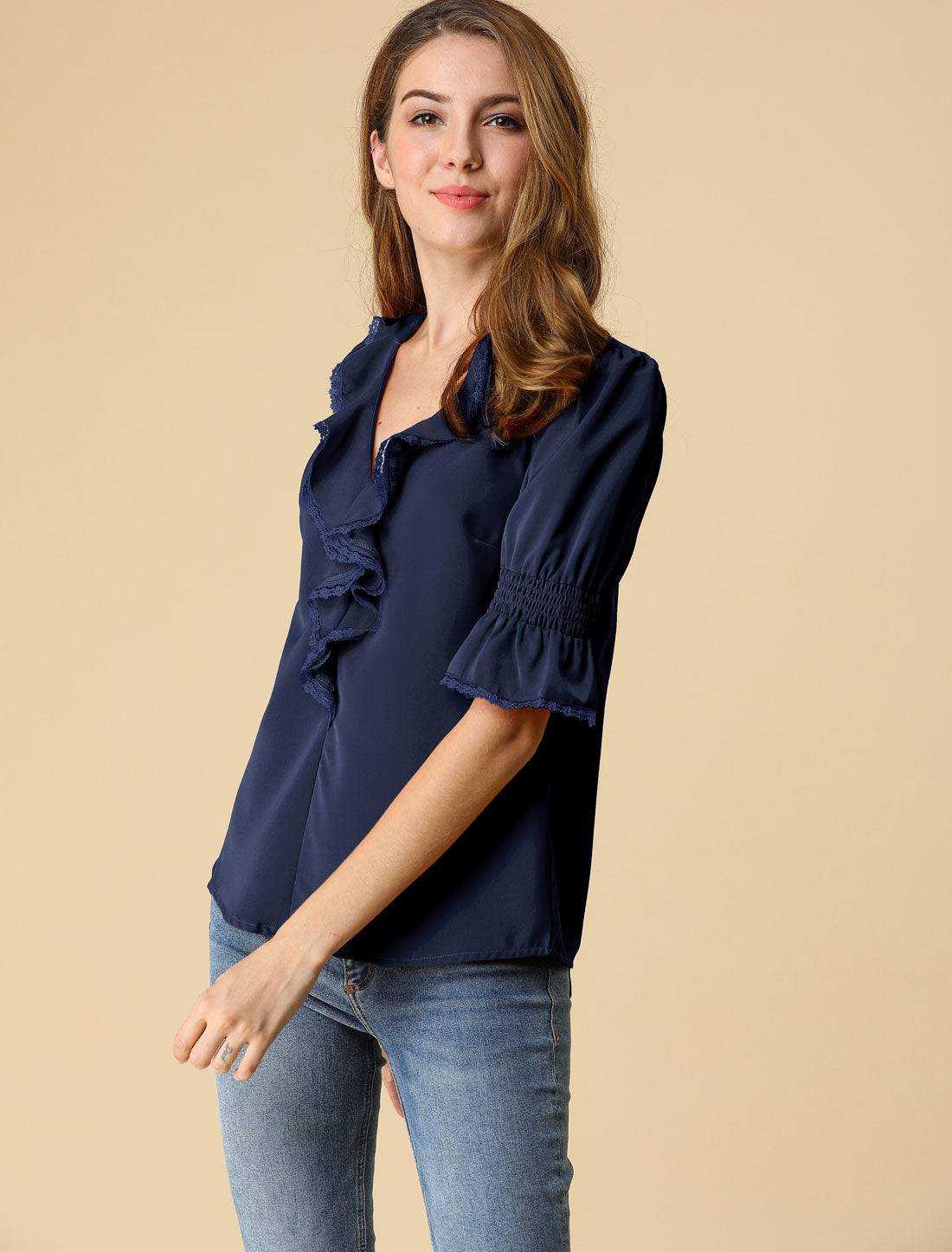 Women's Ruffle V Neck Puff Sleeve Blouse Summer Casual Chiffon Top (Available in Plus Size)