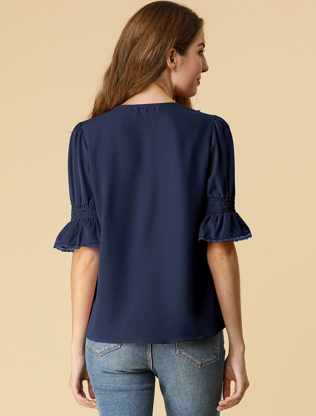 Women's Ruffle V Neck Puff Sleeve Blouse Summer Casual Chiffon Top (Available in Plus Size)