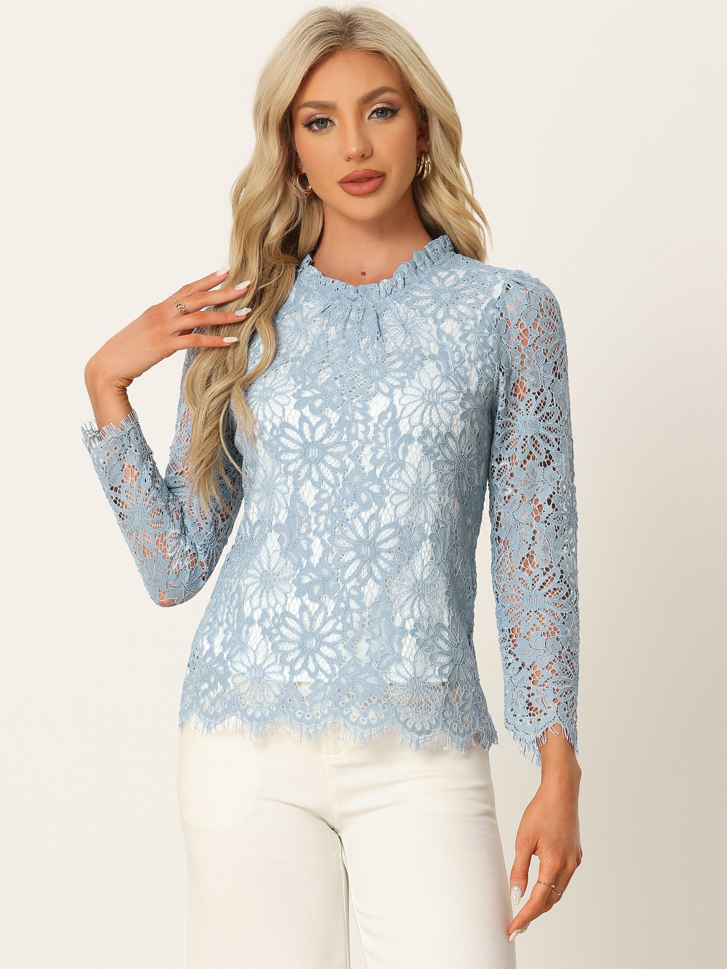 Women's Long Sleeve Lace Top Dressy Elegant Peplum Blouse Shirt (Available in Plus Size)