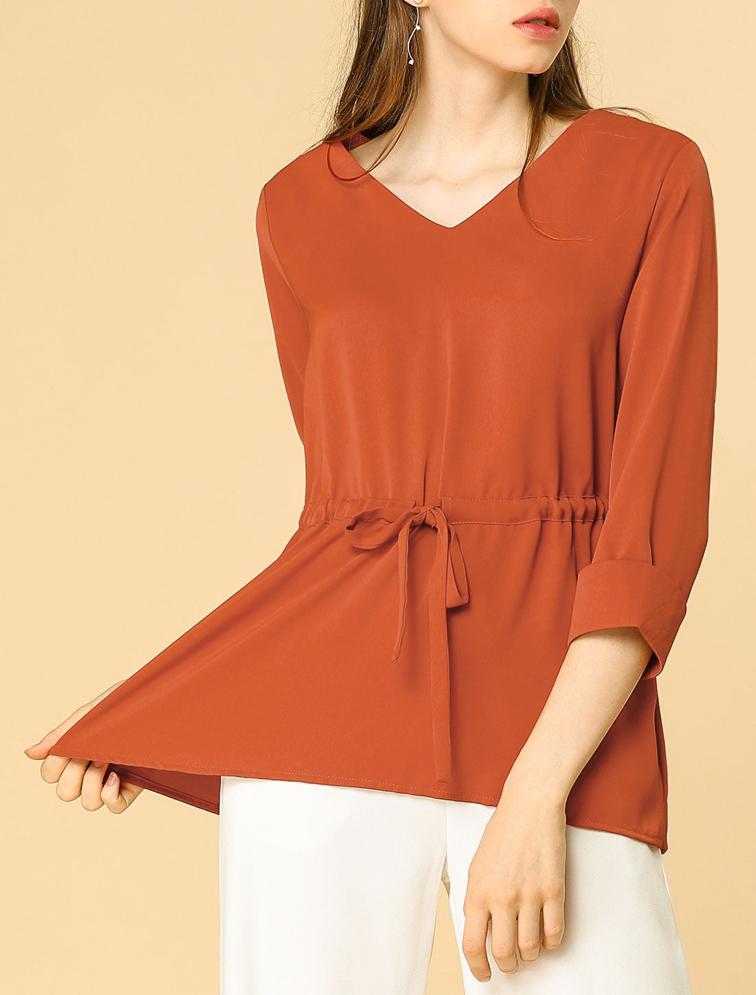 Women's Elegant 3/4 Sleeves V Neck Drawstring Tie Waist Blouse Top