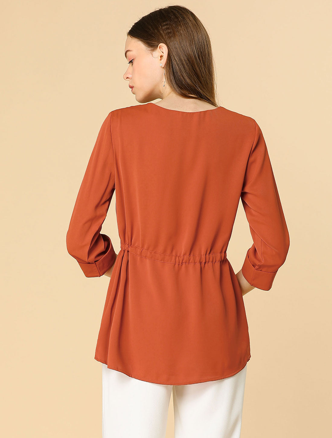 Women's Elegant 3/4 Sleeves V Neck Drawstring Tie Waist Blouse Top