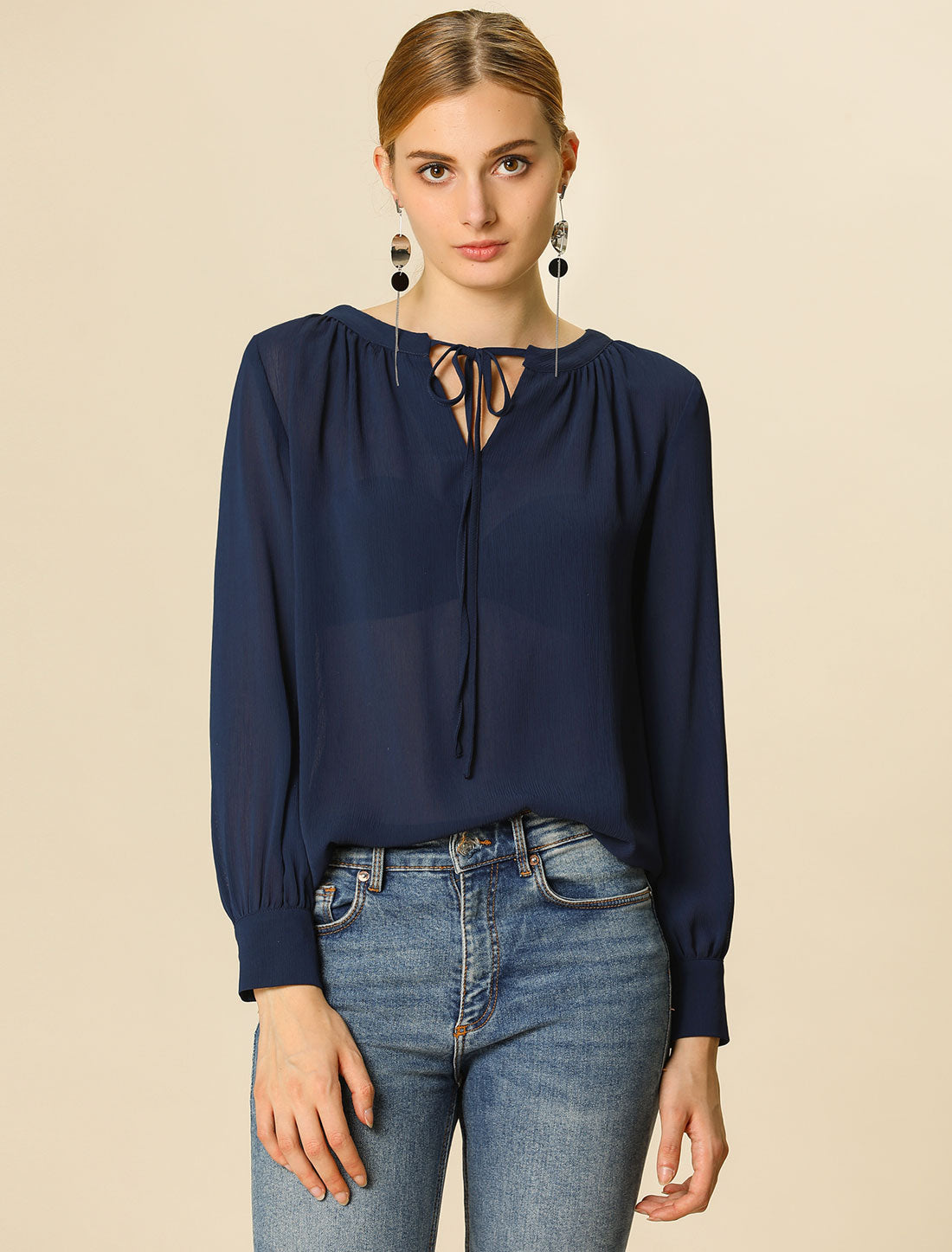 Women's Semi Sheer Blouse Long Sleeve Tie Neck Chiffon Top