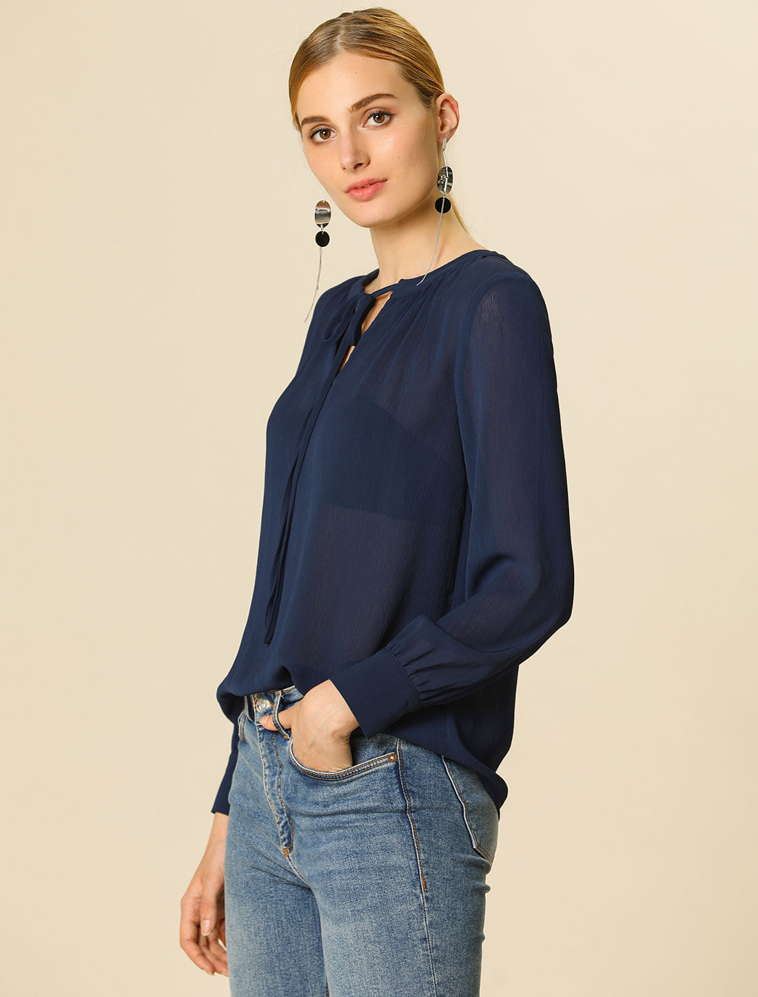 Women's Semi Sheer Blouse Long Sleeve Tie Neck Chiffon Top