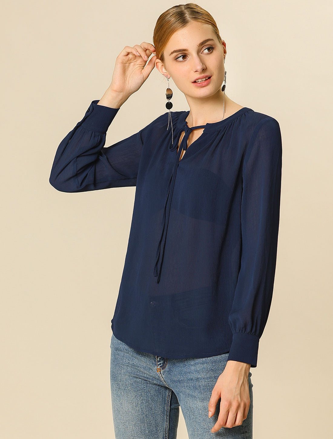 Women's Semi Sheer Blouse Long Sleeve Tie Neck Chiffon Top