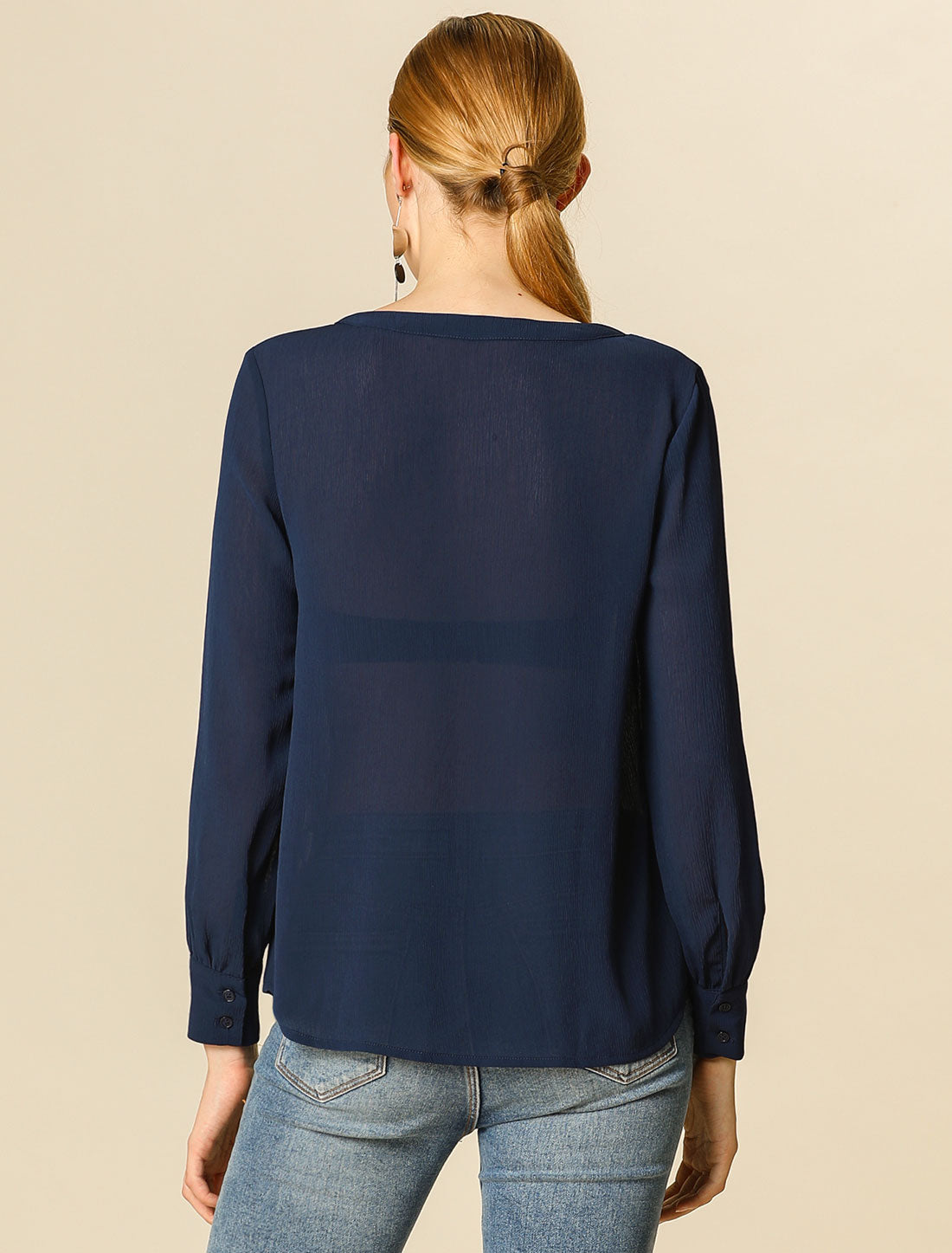 Women's Semi Sheer Blouse Long Sleeve Tie Neck Chiffon Top