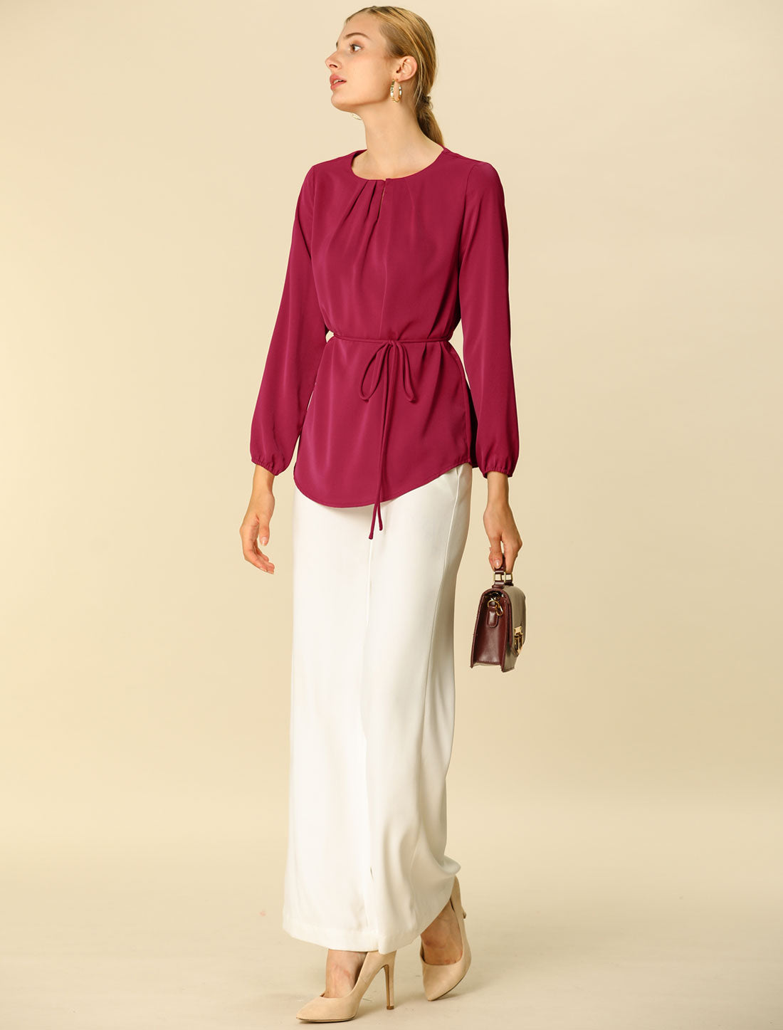 Women's Office Peplum Tops Long Sleeve Round Neck Belted Waist Blouse