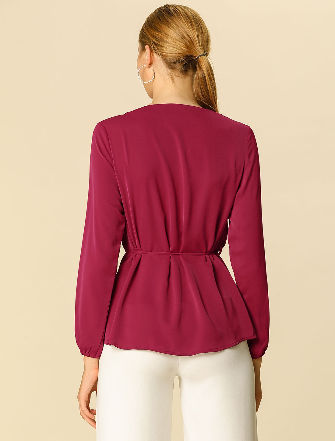 Women's Office Peplum Tops Long Sleeve Round Neck Belted Waist Blouse