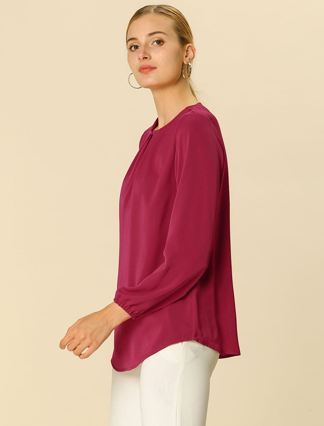 Women's Office Peplum Tops Long Sleeve Round Neck Belted Waist Blouse