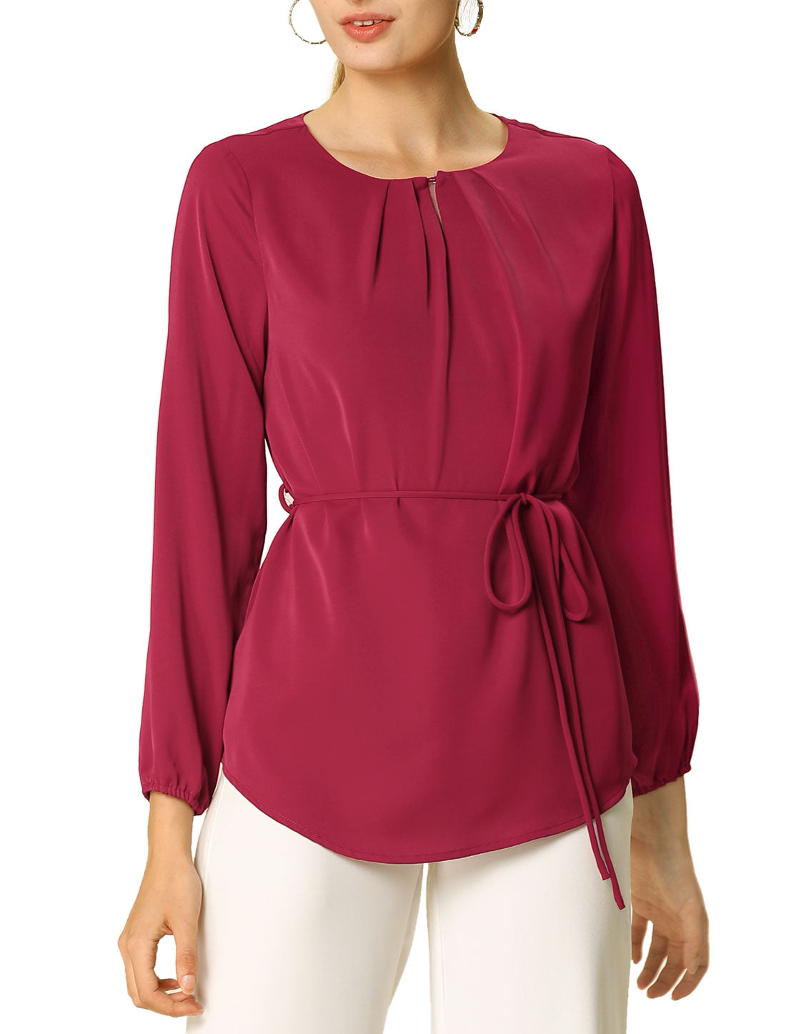 Women's Office Peplum Tops Long Sleeve Round Neck Belted Waist Blouse